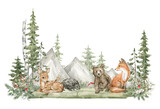 Fototapeta Konie - Watercolor composition with forest animals and natural elements. Deer, fox, bear, mountain, green trees, pine, fir, flowers. Woodland creatures in the wild. Illustration for nursery, wallpaper