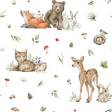 Watercolor seamless pattern with forest animals and natural elements. Deer, fox, bear, rabbit, lynx, plant, leaf, flowers. Woodland creatures in the wild. Illustration for nursery, wallpaper
