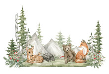 Watercolor Composition With Forest Animals And Natural Elements. Deer, Fox, Bear, Mountain, Green Trees, Pine, Fir, Flowers. Woodland Creatures In The Wild. Illustration For Nursery, Wallpaper