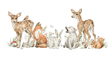 Watercolor forest baby animals. Deer, wolf, rabbit, fox, squirrel, flowers, mushrooms. Summer woodland, nature scene, valley. Wildlife creatures