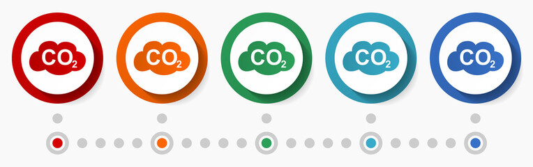 Poster - Carbon dioxide, co2 concept vector icon set, flat design colorful buttons, infographic template in 5 color options