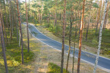 Fototapeta Na ścianę - Asfaltowa droga w sosnowym lesie. Jest słoneczny dzień. Widok z drona.