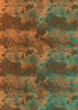 Old rusty metal background. Antique textured wallpaper. Beige and turquoise color stains and splatter print. Grange backdrop