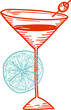 Martini Cocktail glass sketch with lemon, hand drawn illustration