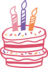 Birthday cake with candles illustration in doodle style with confetti