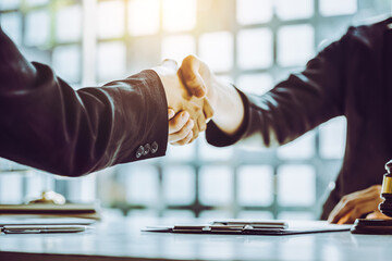 Businessman Shaking hands with lawyer after discussing good deal in courtroom.