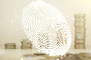 Poster - Multi exposure of virtual graphic fingerprint sketch on coins background, fingerprint scan data concept