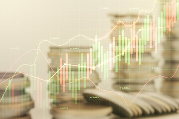Poster - Multi exposure of abstract virtual financial graph hologram on stacks of coins background, forex and investment concept