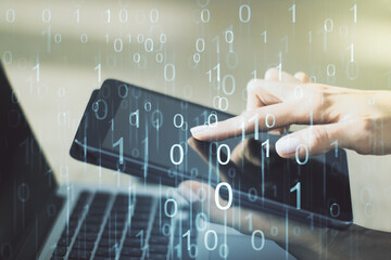 Aufkleber - Creative abstract binary code hologram and finger presses on a digital tablet on background, AI and machine learning concept. Multiexposure