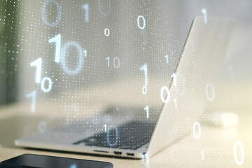 Poster - Creative abstract binary code sketch on modern laptop background, hacking and matrix concept. Multiexposure