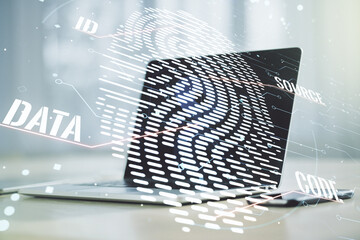 Aufkleber - Multi exposure of abstract fingerprint scan interface on computer background, digital access concept