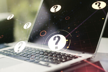 Aufkleber - Double exposure of question mark hologram on laptop background. Sociology and psychology concept