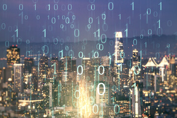Poster - Abstract virtual binary code hologram on San Francisco cityscape background, AI and machine learning concept. Multiexposure