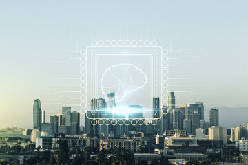 Poster - virtual creative artificial intelligence hologram with human brain sketch on los angeles cityscape b