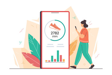 Wall Mural - Flat woman using mobile for counting steps. Girl hold phone with pedometer or fitness tracker. Step counter app on smartphone. Track daily walking progress on device screen. Healthy lifestyle concept.