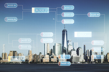 Poster - Multi exposure of abstract graphic coding sketch on Manhattan cityscape background, big data and networking concept