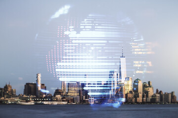 Poster - Multi exposure of abstract software development hologram and world map on New York city skyscrapers background, global research and analytics concept