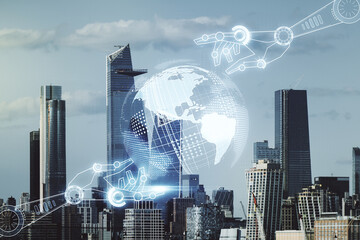 Aufkleber - Abstract virtual robotics technology hologram with globe sketch on New York city skyline background. Robot development and automation concept. Multiexposure