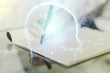 Aufkleber - Creative artificial Intelligence concept with human head sketch and man hand writing in diary on background. Double exposure