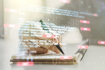 Poster - multi exposure of abstract programming language hologram with man hand writing in notepad on backgro