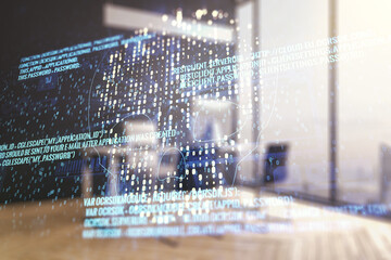 Poster - Creative code skull hologram and modern desktop with pc on background, cybercrime and hacking concept. Multiexposure