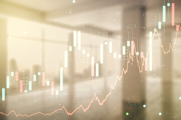 Multi exposure of virtual abstract financial diagram on abstract empty interior background, banking and accounting concept