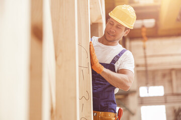 Wall Mural - Handsome man builder working at house building construction site