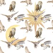 Watercolor Seamless pattern flying owl barn owl. A realistic illustration of an owl. digital paper. White bird with beige wings and head nocturnal bird