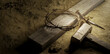 Easter background crucifixion concept with hammer, nail, wood and crown of thorns of Jesus
