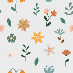 Wall Mural - Flower seamless pattern. Bohemian style with grass and bloom. Springtime. Minimal elements. Vector illustration