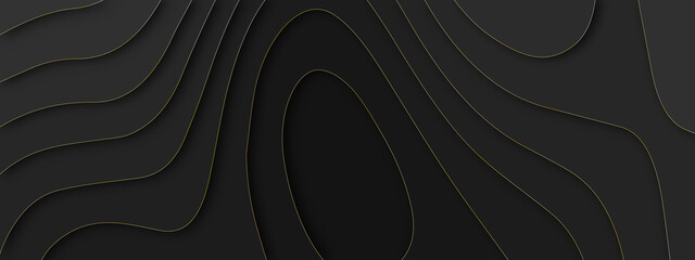 Black abstract luxury paper cut 3d background with golden stroke line. Abstract realistic papercut wavy multi layers with golden line strokes. Black abstract luxury vector background illustration. 