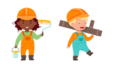 Wall Mural - Kids builders wearing overalls and hardhats set. Cute boy and girl working as plumber and painter cartoon vector illustration