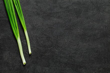 Green Onions, On Dark Background, Top View, Space To Copy Text.