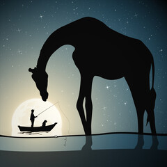 Poster - big giraffe. fisherman and animal silhouette. man in boat at full moon