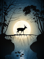 Sticker - Lonely deer in misty forest. Animal walk on fallen tree. Full moon