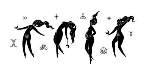 Wall Mural - moon goddess isolated cliparts bundle, celestial women collection, wiccan lunar goddess and moon sym