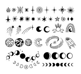 Wall Mural - celestial or spase objects - stars, planets, comet, moon phases magical symbols, galaxy and starburs