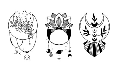 Wall Mural - mystical boho floral moon isolated cliparts bundle, celestial magic moon collection, space flowers a