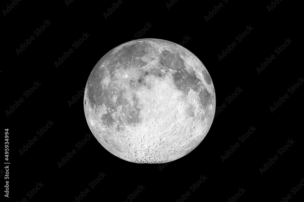 Full moon seen with a telescope from northern emisphere - Isolated on ...
