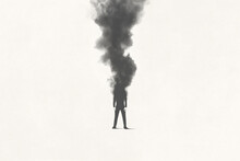 Illustration Of Man Vanishing In A Dark Black Smoke, Surreal Emotional Concept