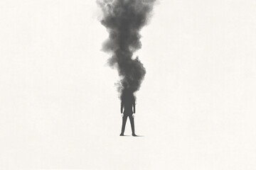 Illustration of man vanishing in a dark black smoke, surreal emotional concept