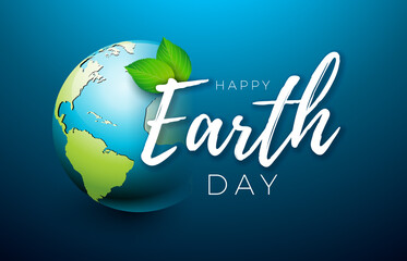 Wall Mural - Earth Day Illustration with Planet and Green Leaf on Blue Background. April 22 Environment World Map Concept. Vector Save the Planet Design for Banner, Poster or Greeting Card.