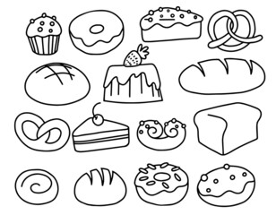 Wall Mural - vector drawing in doodle style. set of pastries, bread, donuts cakes and pretzels. simple hand drawing sketch