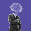 © master1305 - Contemporary art collage. Silhouette of businessman in stylish suit with digital brain scheme isolated over purple background