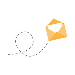 Poster - Envelope with line dotted route. Flying open mail symbol. Sending message linear sign. Vector isolated on white.
