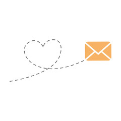 Poster - Envelope with line dotted route in heart shape. Flying mail symbol. Sending message linear sign. Vector isolated on white.
