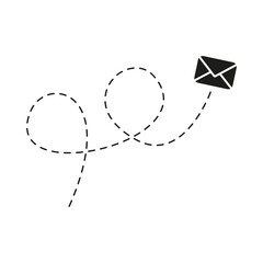 Poster - Envelope with line dotted route. Flying mail symbol. Sending message linear sign. Vector isolated on white.