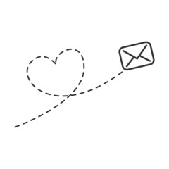 Poster - Envelope with line dotted route in heart shape. Flying mail symbol. Sending message linear sign. Vector isolated on white.