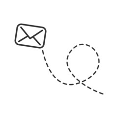 Poster - Envelope with line dotted route. Flying mail symbol. Sending message linear sign. Vector isolated on white.