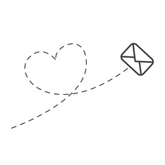 Poster - Envelope with line dotted route in heart shape. Flying mail symbol. Sending message linear sign. Vector isolated on white.